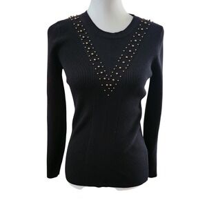 Tahari Black Ribbed Copper Studded L/Sleeve Sweater Top Women no size tag XS/S